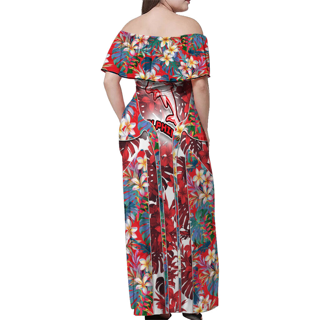 Dolphins Family Matching Off Shoulder Maxi Dress and Hawaiian Shirt Tropical Hibiscus Floral Pattern With Red And White Accents