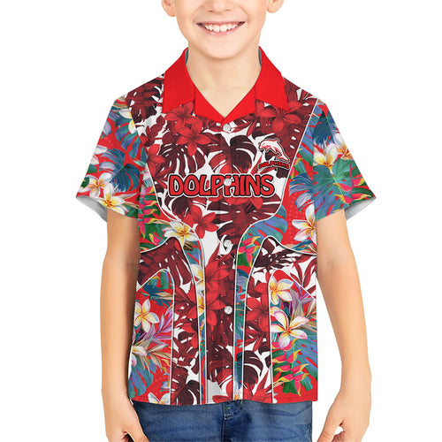 Dolphins Family Matching Off Shoulder Maxi Dress and Hawaiian Shirt Tropical Hibiscus Floral Pattern With Red And White Accents