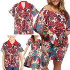 Dolphins Family Matching Off Shoulder Short Dress and Hawaiian Shirt Tropical Hibiscus Floral Pattern With Red And White Accents