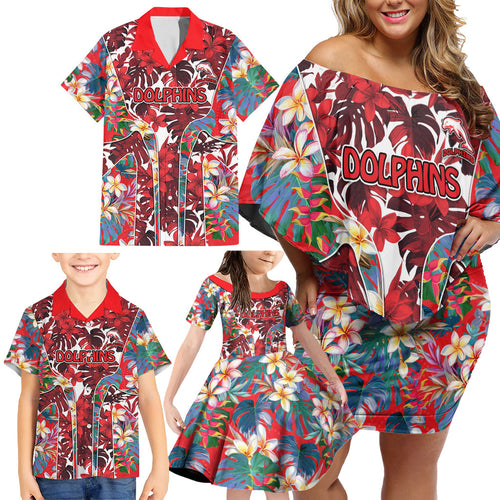 Dolphins Family Matching Off Shoulder Short Dress and Hawaiian Shirt Tropical Hibiscus Floral Pattern With Red And White Accents