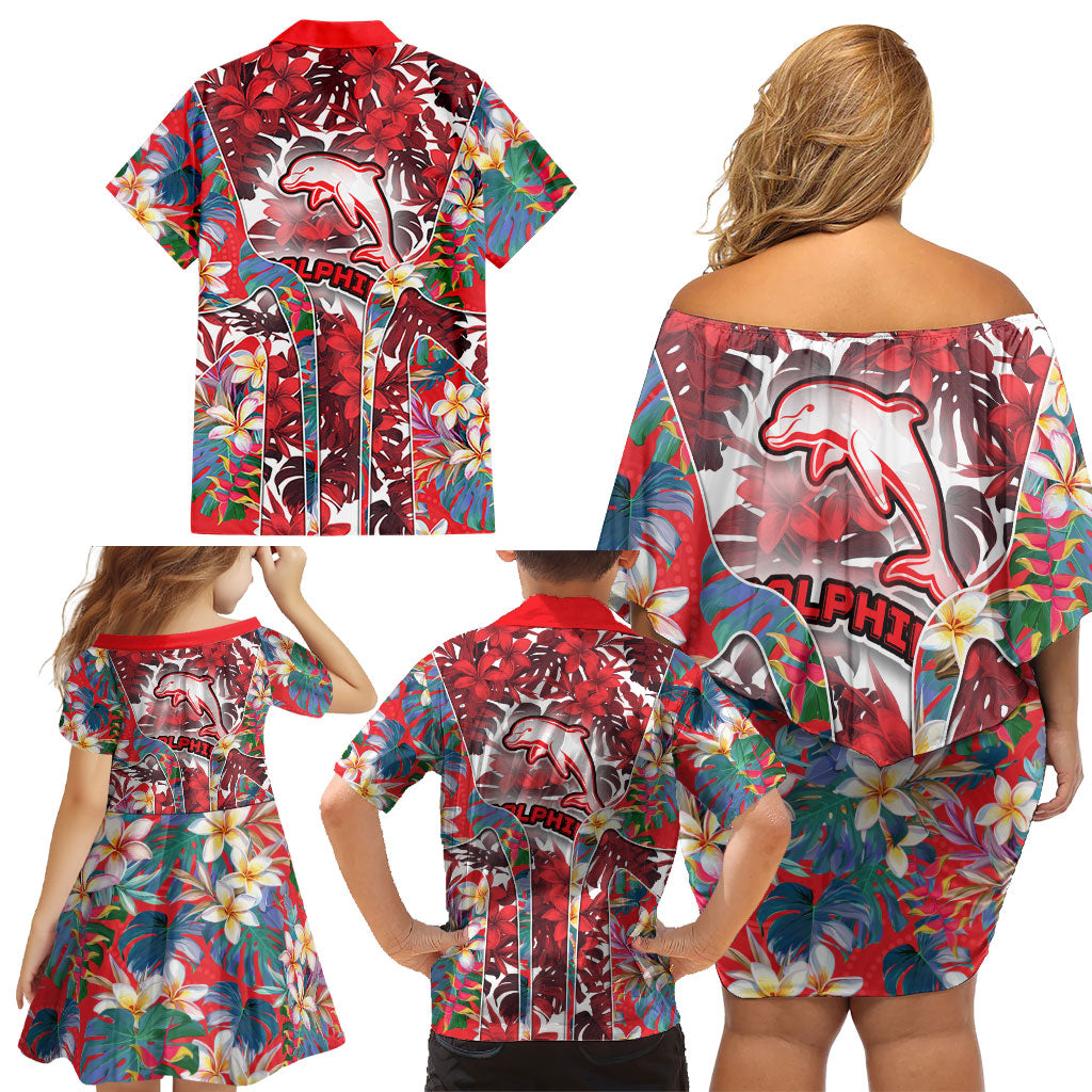 Dolphins Family Matching Off Shoulder Short Dress and Hawaiian Shirt Tropical Hibiscus Floral Pattern With Red And White Accents
