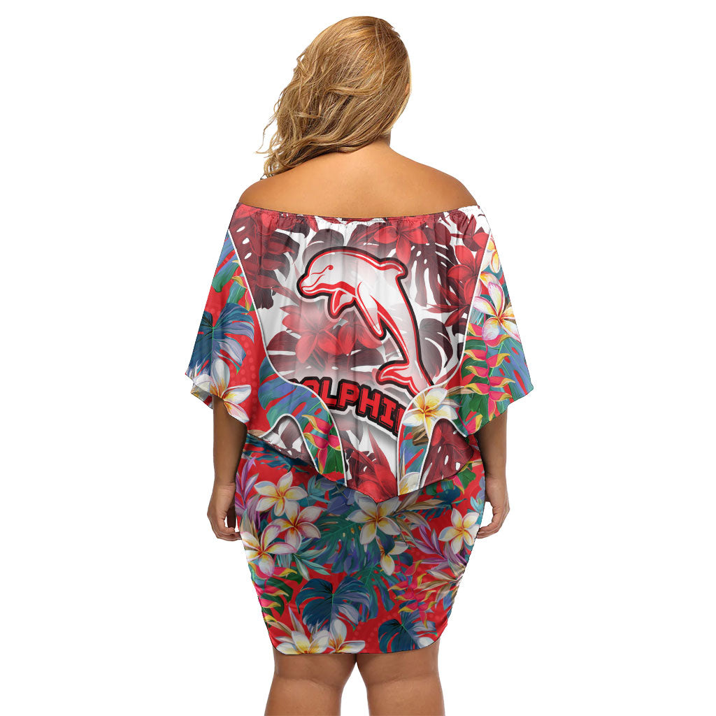 Dolphins Family Matching Off Shoulder Short Dress and Hawaiian Shirt Tropical Hibiscus Floral Pattern With Red And White Accents