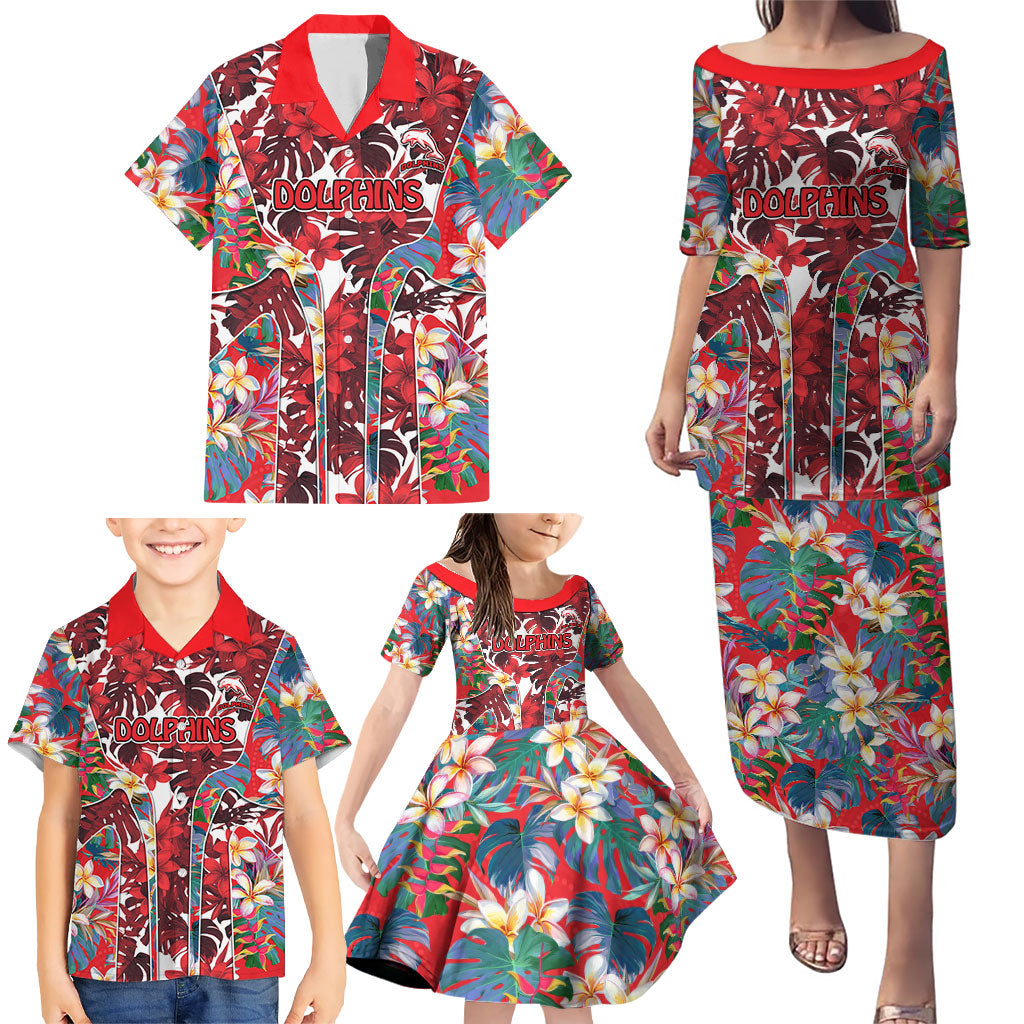 Dolphins Family Matching Puletasi and Hawaiian Shirt Tropical Hibiscus Floral Pattern With Red And White Accents