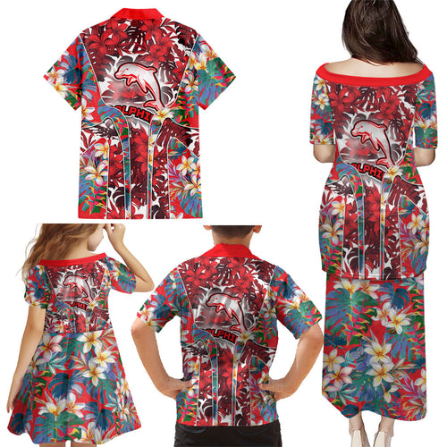 Dolphins Family Matching Puletasi and Hawaiian Shirt Tropical Hibiscus Floral Pattern With Red And White Accents