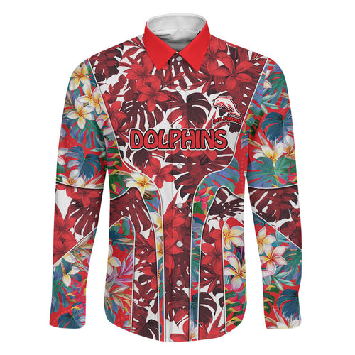 Dolphins Family Matching Puletasi and Hawaiian Shirt Tropical Hibiscus Floral Pattern With Red And White Accents