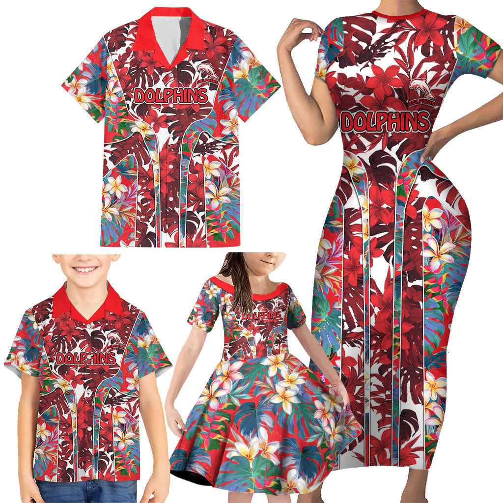 Dolphins Family Matching Short Sleeve Bodycon Dress and Hawaiian Shirt Tropical Hibiscus Floral Pattern With Red And White Accents
