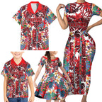 Dolphins Family Matching Short Sleeve Bodycon Dress and Hawaiian Shirt Tropical Hibiscus Floral Pattern With Red And White Accents