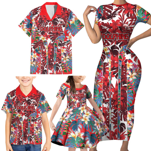 Dolphins Family Matching Short Sleeve Bodycon Dress and Hawaiian Shirt Tropical Hibiscus Floral Pattern With Red And White Accents