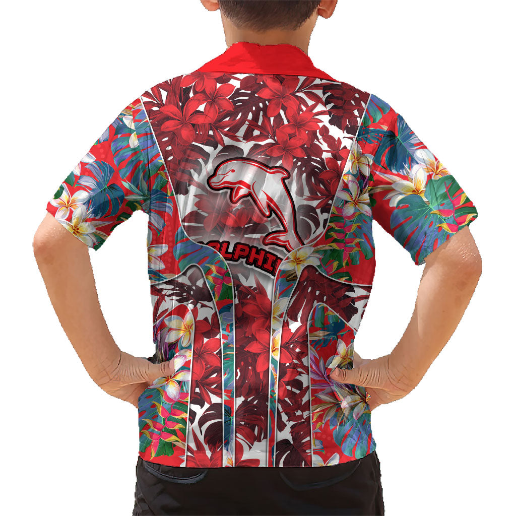 Dolphins Family Matching Short Sleeve Bodycon Dress and Hawaiian Shirt Tropical Hibiscus Floral Pattern With Red And White Accents