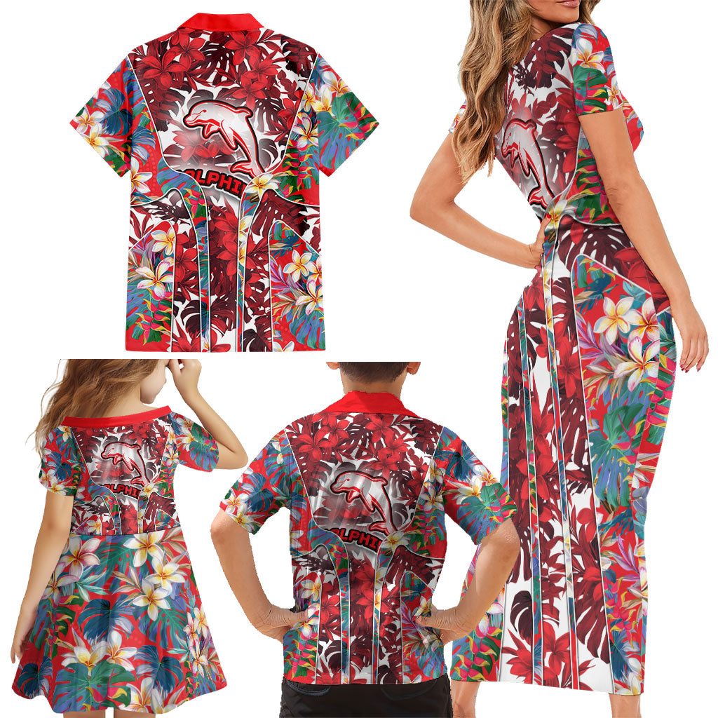 Dolphins Family Matching Short Sleeve Bodycon Dress and Hawaiian Shirt Tropical Hibiscus Floral Pattern With Red And White Accents