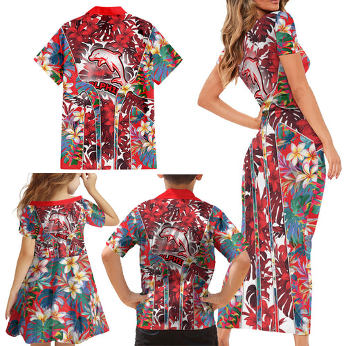 Dolphins Family Matching Short Sleeve Bodycon Dress and Hawaiian Shirt Tropical Hibiscus Floral Pattern With Red And White Accents