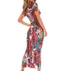 Dolphins Family Matching Short Sleeve Bodycon Dress and Hawaiian Shirt Tropical Hibiscus Floral Pattern With Red And White Accents