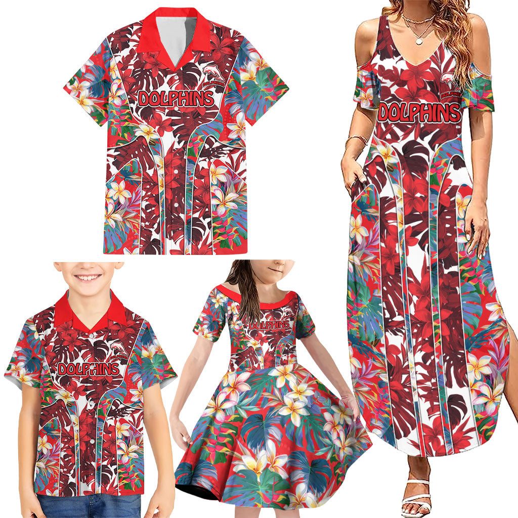 Dolphins Family Matching Summer Maxi Dress and Hawaiian Shirt Tropical Hibiscus Floral Pattern With Red And White Accents
