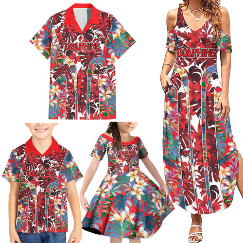 Dolphins Family Matching Summer Maxi Dress and Hawaiian Shirt Tropical Hibiscus Floral Pattern With Red And White Accents