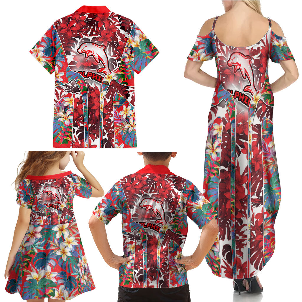 Dolphins Family Matching Summer Maxi Dress and Hawaiian Shirt Tropical Hibiscus Floral Pattern With Red And White Accents