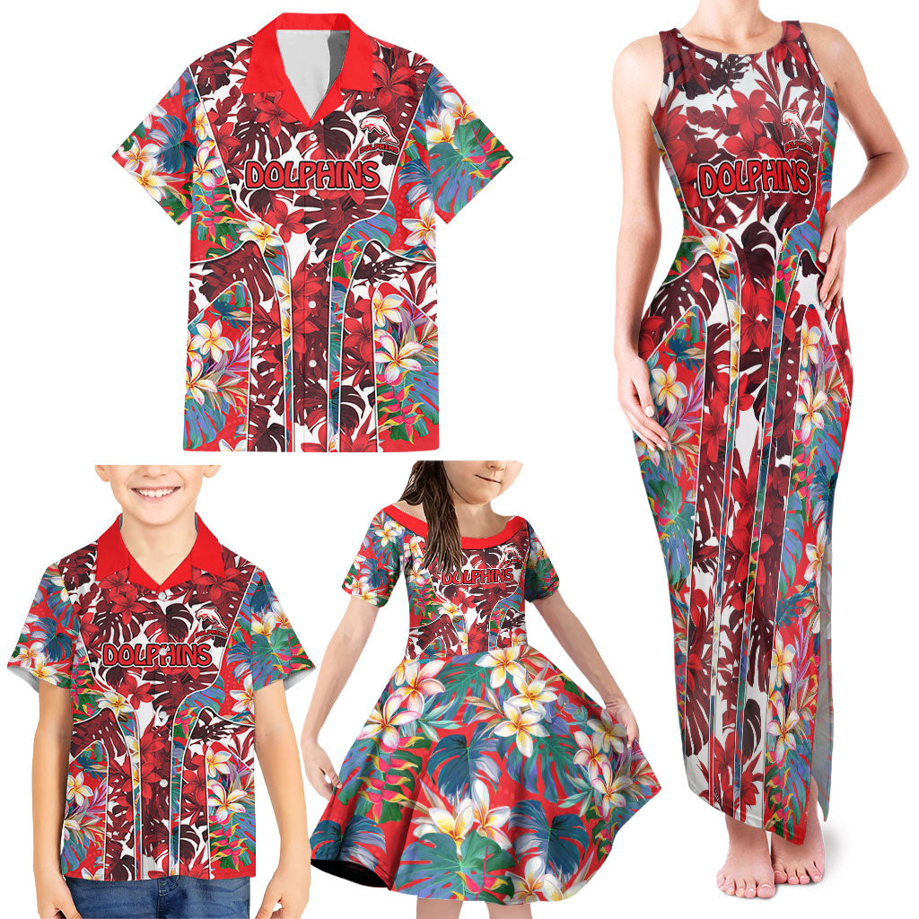 Dolphins Family Matching Tank Maxi Dress and Hawaiian Shirt Tropical Hibiscus Floral Pattern With Red And White Accents