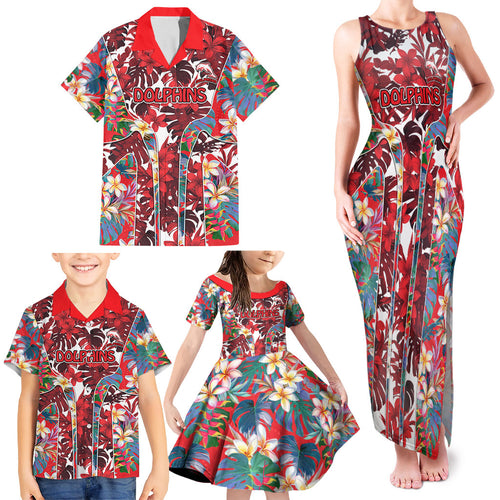Dolphins Family Matching Tank Maxi Dress and Hawaiian Shirt Tropical Hibiscus Floral Pattern With Red And White Accents