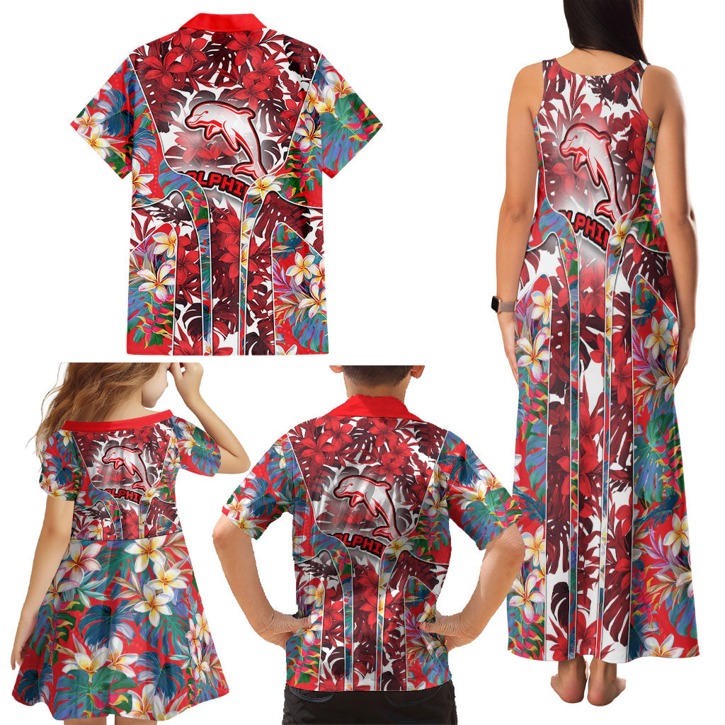 Dolphins Family Matching Tank Maxi Dress and Hawaiian Shirt Tropical Hibiscus Floral Pattern With Red And White Accents