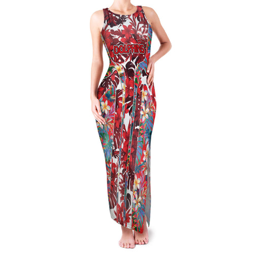 Dolphins Family Matching Tank Maxi Dress and Hawaiian Shirt Tropical Hibiscus Floral Pattern With Red And White Accents