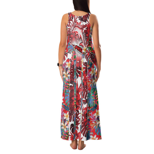 Dolphins Family Matching Tank Maxi Dress and Hawaiian Shirt Tropical Hibiscus Floral Pattern With Red And White Accents