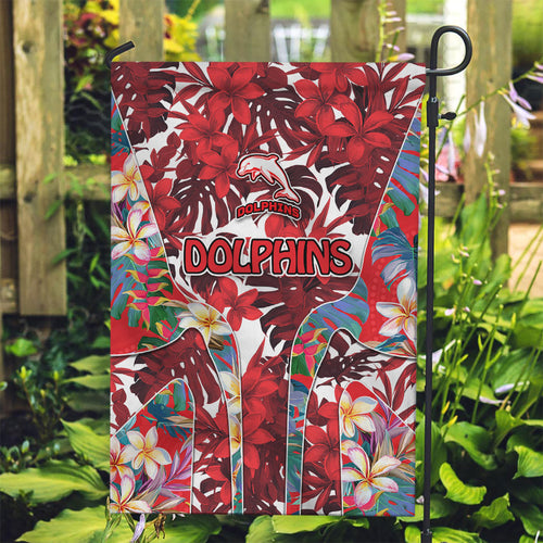 Dolphins Garden Flag Tropical Hibiscus Floral Pattern With Red And White Accents
