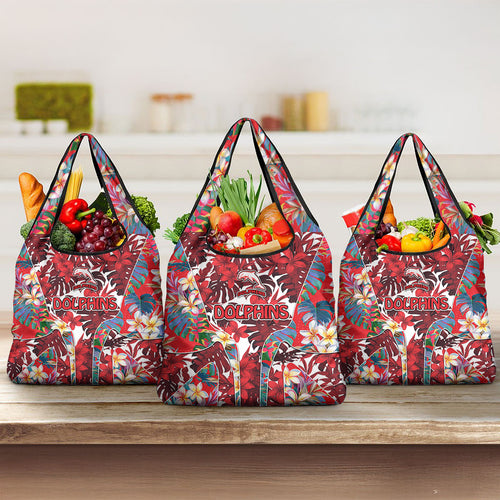 Dolphins Grocery Bag Tropical Hibiscus Floral Pattern With Red And White Accents