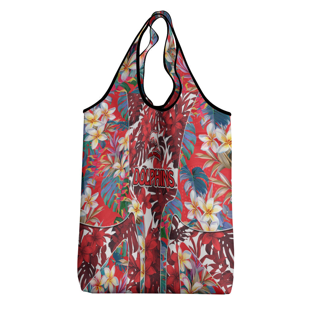 Dolphins Grocery Bag Tropical Hibiscus Floral Pattern With Red And White Accents