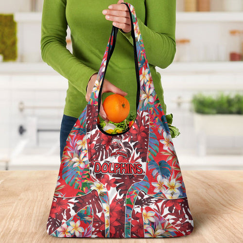 Dolphins Grocery Bag Tropical Hibiscus Floral Pattern With Red And White Accents