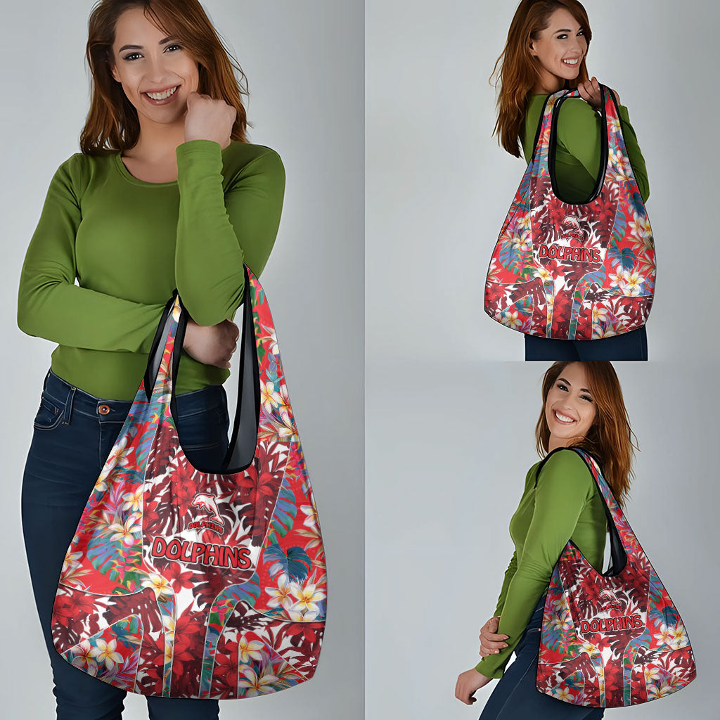 Dolphins Grocery Bag Tropical Hibiscus Floral Pattern With Red And White Accents