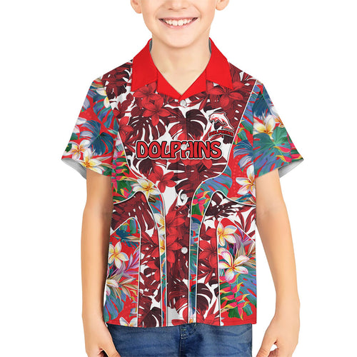 Dolphins Hawaiian Shirt Tropical Hibiscus Floral Pattern With Red And White Accents