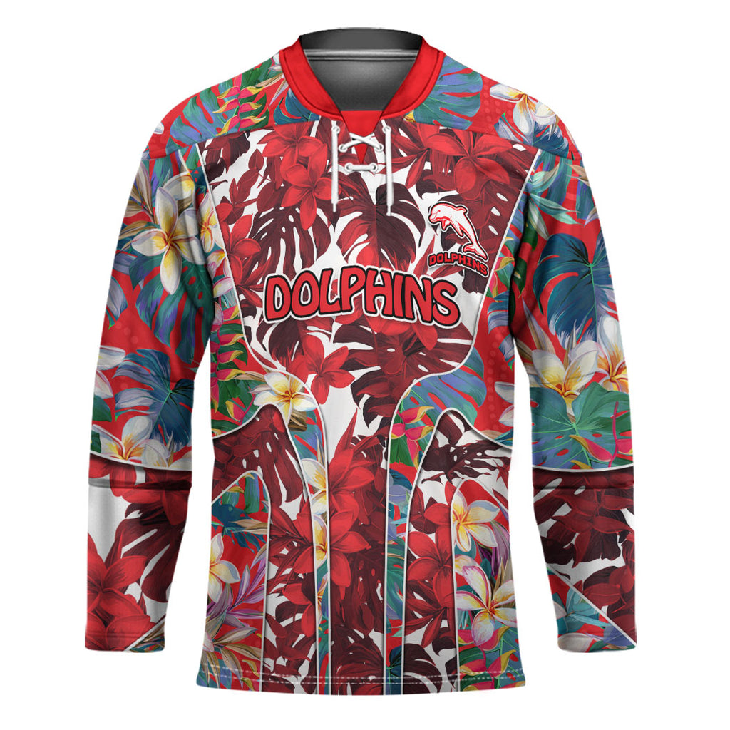Dolphins Hockey Jersey Tropical Hibiscus Floral Pattern With Red And White Accents