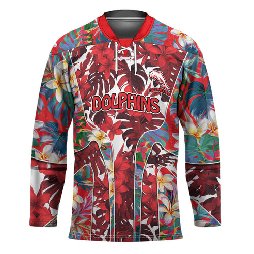 Dolphins Hockey Jersey Tropical Hibiscus Floral Pattern With Red And White Accents