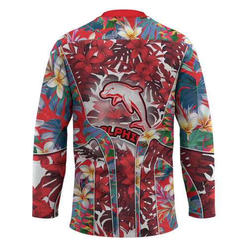 Dolphins Hockey Jersey Tropical Hibiscus Floral Pattern With Red And White Accents