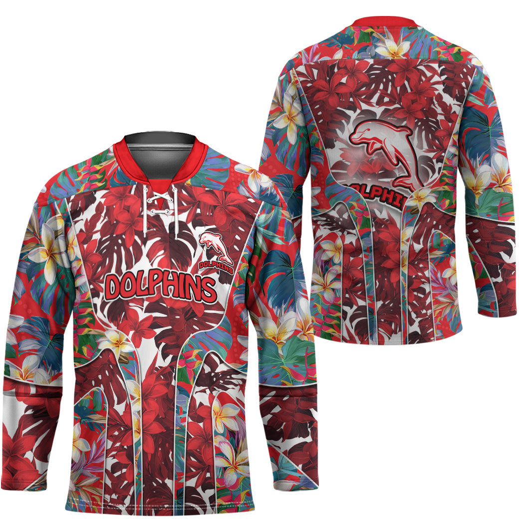 Dolphins Hockey Jersey Tropical Hibiscus Floral Pattern With Red And White Accents
