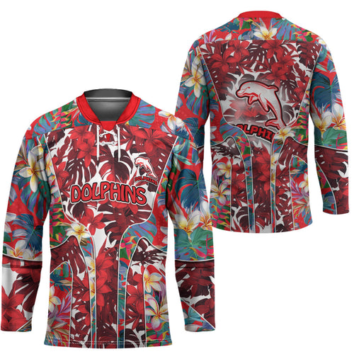 Dolphins Hockey Jersey Tropical Hibiscus Floral Pattern With Red And White Accents