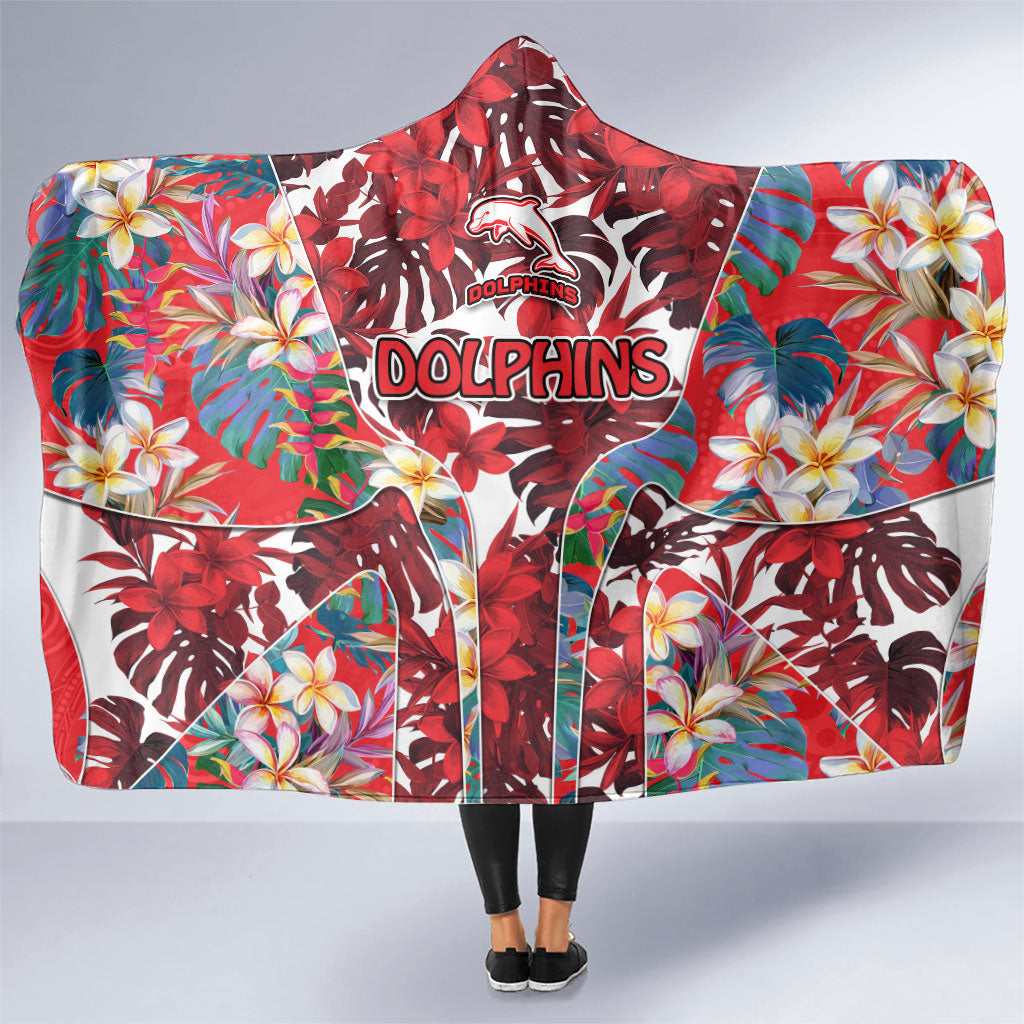 Dolphins Hooded Blanket Tropical Hibiscus Floral Pattern With Red And White Accents