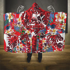 Dolphins Hooded Blanket Tropical Hibiscus Floral Pattern With Red And White Accents