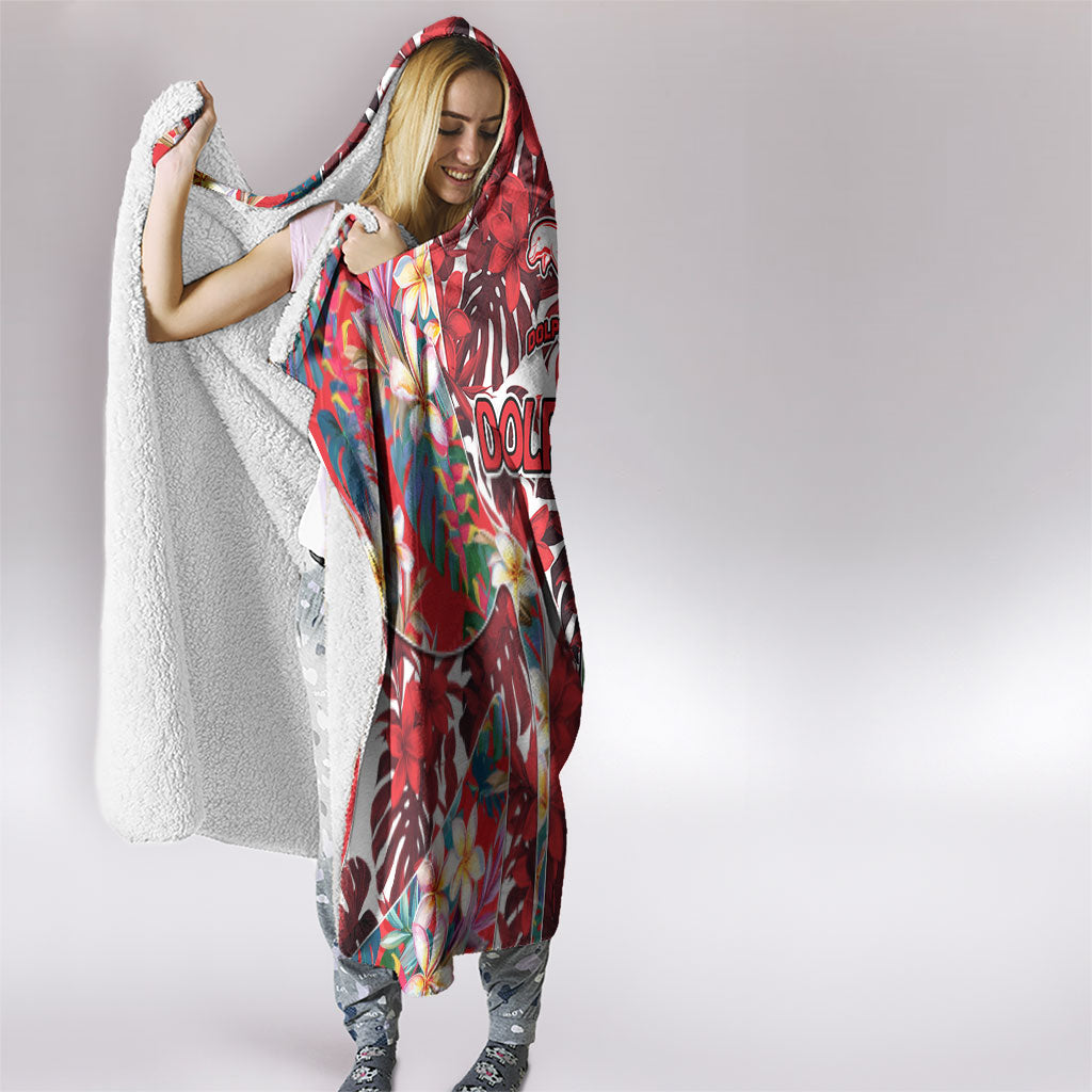 Dolphins Hooded Blanket Tropical Hibiscus Floral Pattern With Red And White Accents