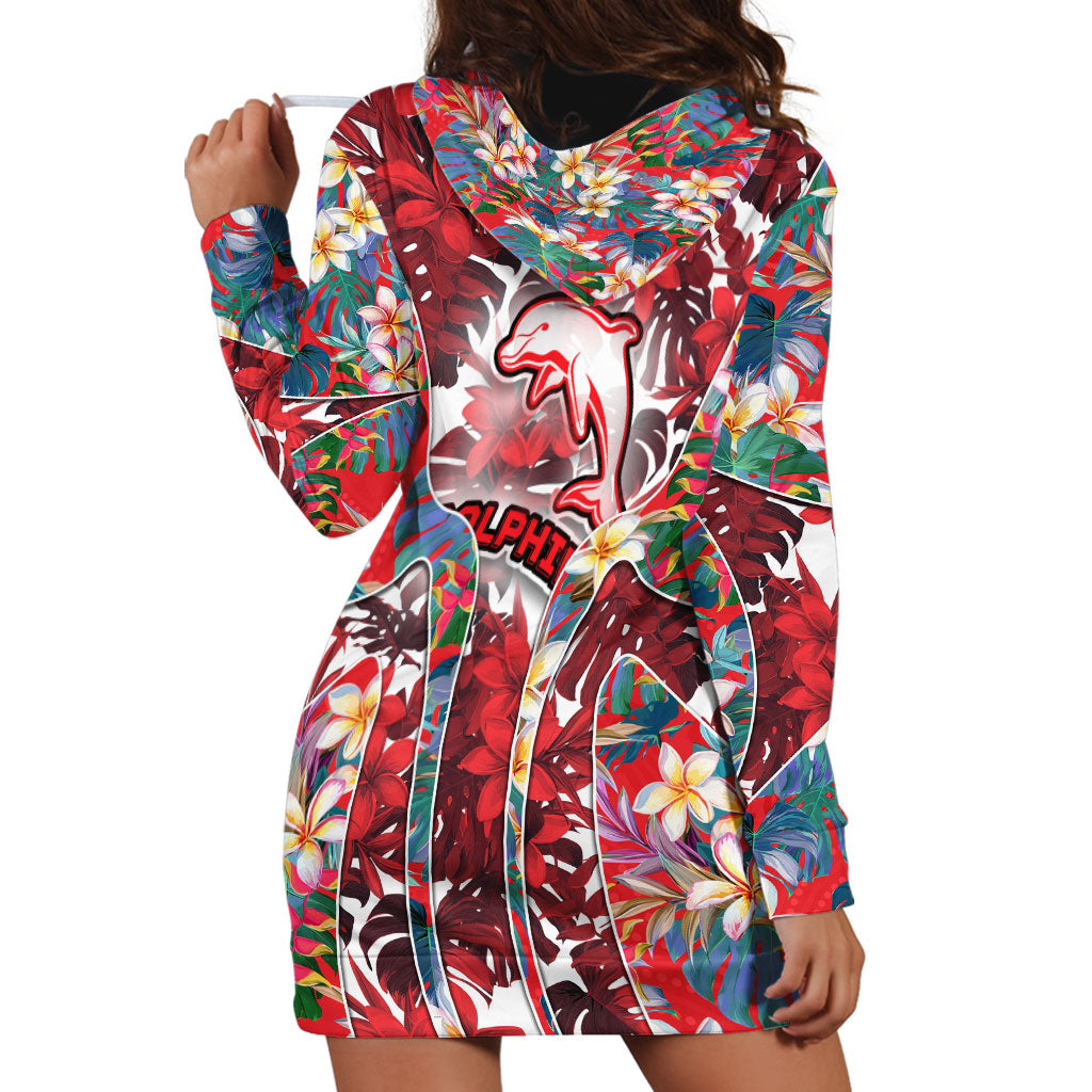 Dolphins Hoodie Dress Tropical Hibiscus Floral Pattern With Red And White Accents