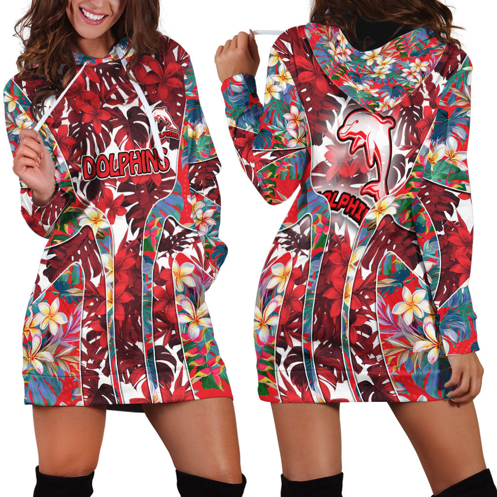 Dolphins Hoodie Dress Tropical Hibiscus Floral Pattern With Red And White Accents