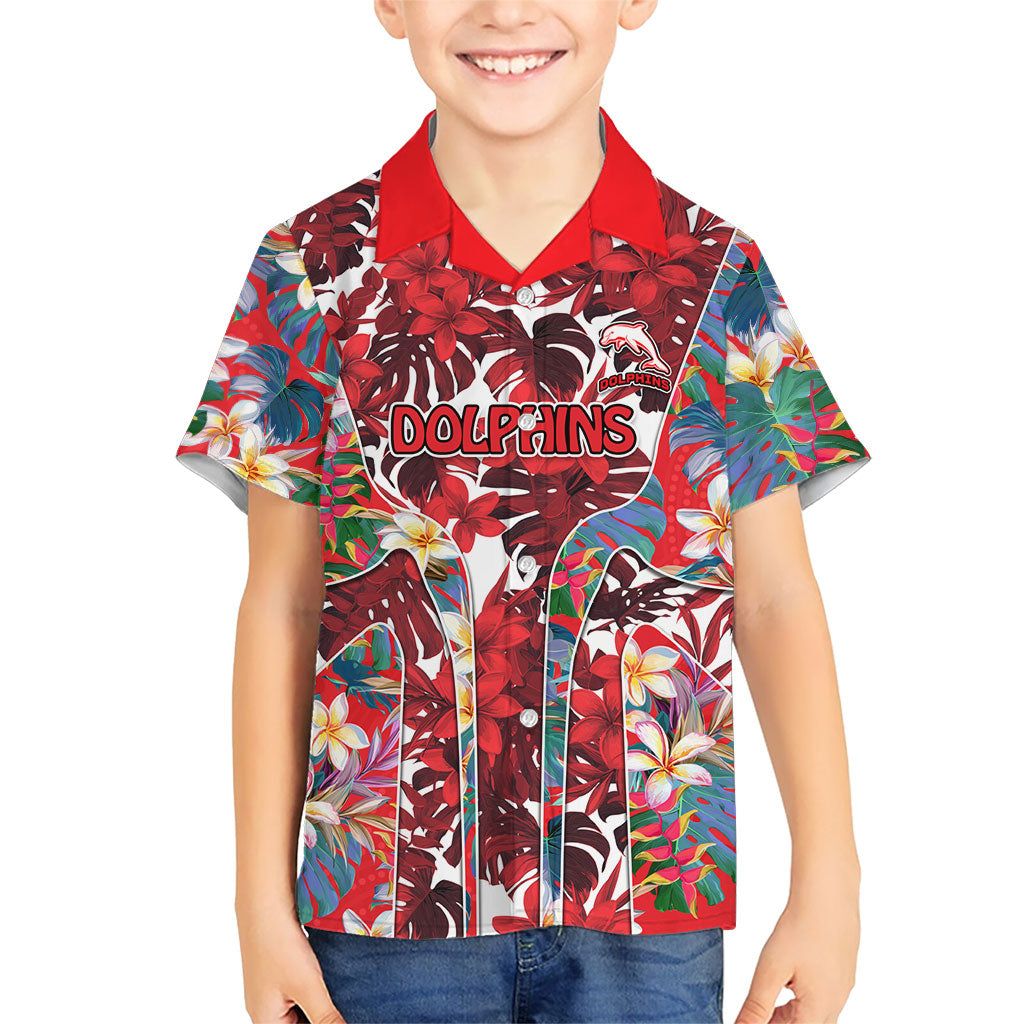 Dolphins Kid Hawaiian Shirt Tropical Hibiscus Floral Pattern With Red And White Accents