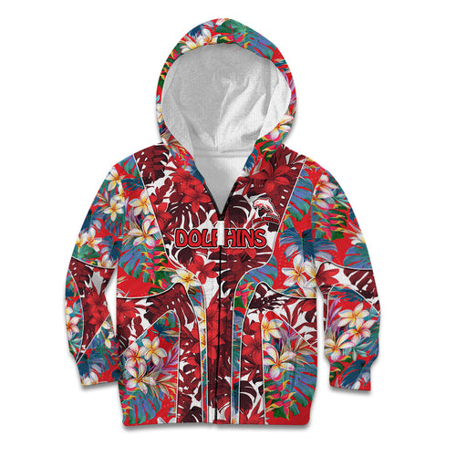 Dolphins Kid Hoodie Tropical Hibiscus Floral Pattern With Red And White Accents