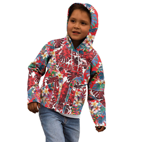 Dolphins Kid Hoodie Tropical Hibiscus Floral Pattern With Red And White Accents