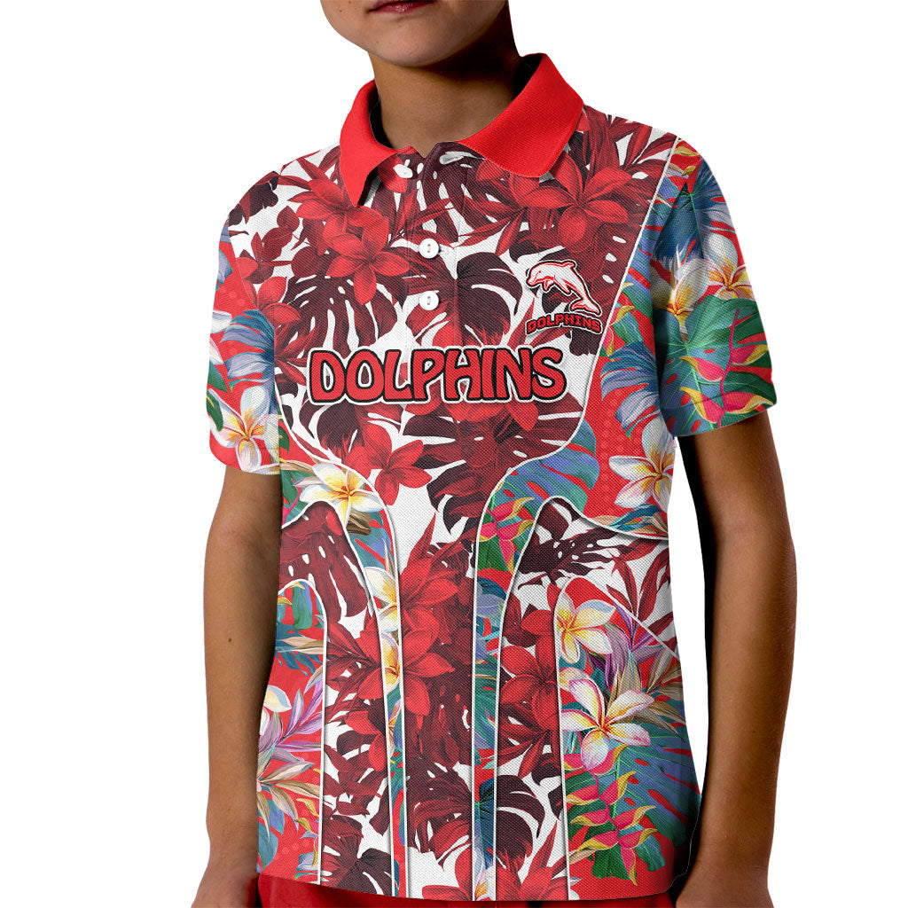 Dolphins Kid Polo Shirt Tropical Hibiscus Floral Pattern With Red And White Accents