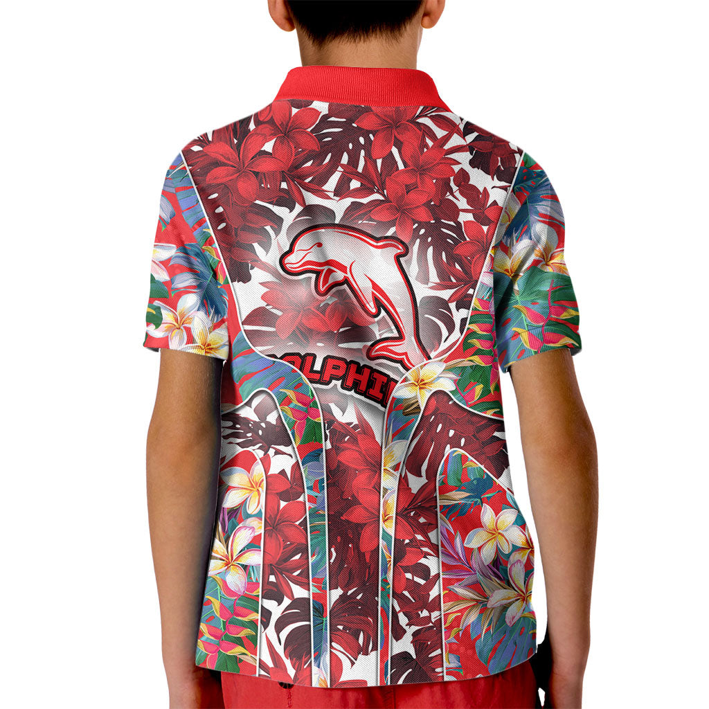 Dolphins Kid Polo Shirt Tropical Hibiscus Floral Pattern With Red And White Accents