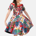 Dolphins Kid Short Sleeve Dress Tropical Hibiscus Floral Pattern With Red And White Accents