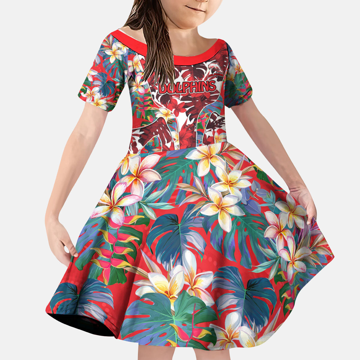 Dolphins Kid Short Sleeve Dress Tropical Hibiscus Floral Pattern With Red And White Accents
