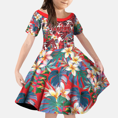 Dolphins Kid Short Sleeve Dress Tropical Hibiscus Floral Pattern With Red And White Accents