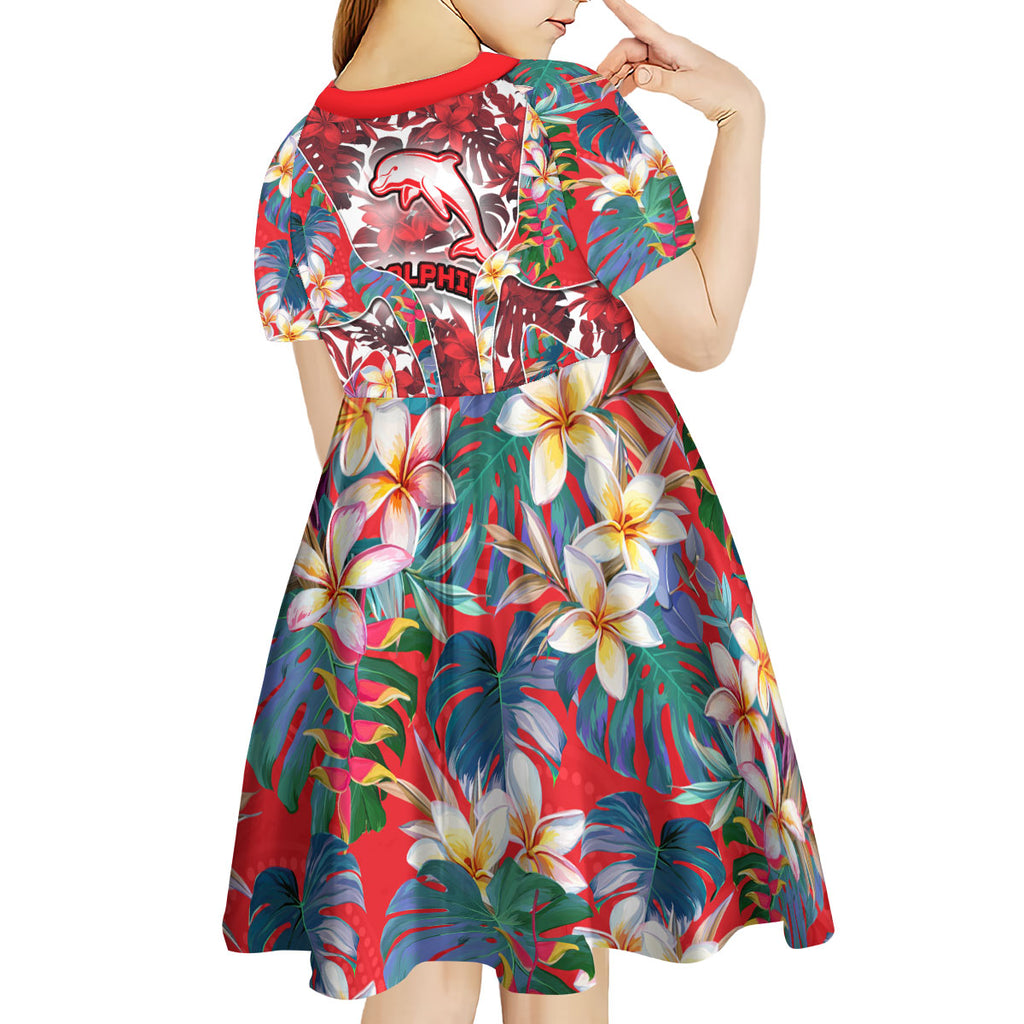 Dolphins Kid Short Sleeve Dress Tropical Hibiscus Floral Pattern With Red And White Accents