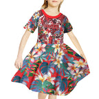 Dolphins Kid Short Sleeve Dress Tropical Hibiscus Floral Pattern With Red And White Accents